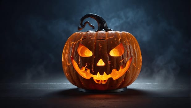 pumpkin in the form of a Halloween lantern with a creepy smiling face on a dark background