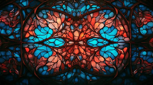 stained glass background in blue-reddish tones with fancy patterns