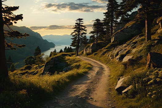 winding mountain road over alpine meadows at the edge of the forest, with a panoramic view, Austria. summer day with blue sky and clouds. High quality photo