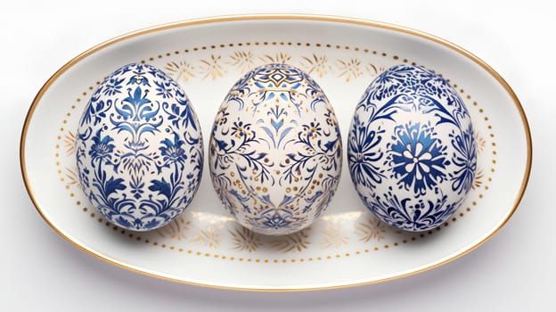 three painted Easter eggs on a white plate with a blue and gold pattern are made in fashionable classic blue and gold tones, decorated with an Easter pattern on a white background. Easter Greeting Card