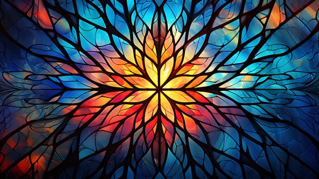 stained glass background in blue-reddish tones with fancy patterns