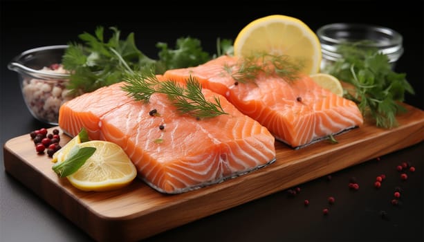 Raw salmon, lime and vegetable salad served on black plate on wooden table Fresh healthy fish food close up