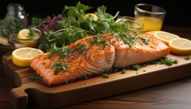 Fried or cooked salmon, lime and vegetable salad served on black plate on wooden table Fresh healthy fish food close up