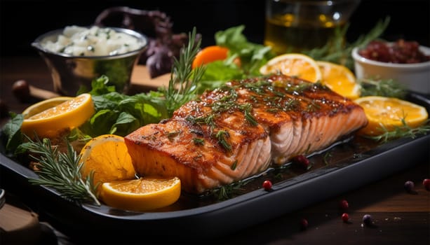 Fried or cooked salmon, lime and vegetable salad served on black plate on wooden table Fresh healthy fish food close up