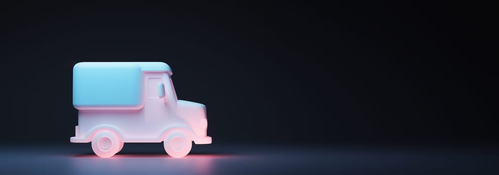 Trucks in neon light against dark background. 3D animation. Round-the-clock transportation of goods in containers. Automotive logistics of Cargo transportation concept with copy space Space for text