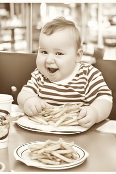 obese boy girl eating fast food , hamburger, french fries - unhealthy eating concept illustration generative ai art