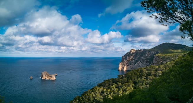 Serene wide-angle view of calm sea and coastal cliffs under cloudy skies.
