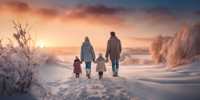 Happy family Father, mother and children are having fun and playing on snowy winter walk in nature. comeliness