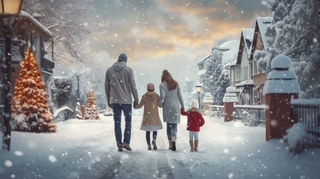 Happy family Father, mother and children are having fun and playing on snowy winter walk in nature. comeliness