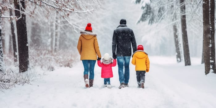 Happy family Father, mother and children are having fun and playing on snowy winter walk in nature. comeliness