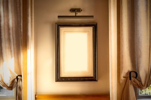 Mockup with a frame with a mat for a painting or photograph in the wall between the windows in a classic interior.