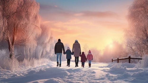 Happy family Father, mother and children are having fun and playing on snowy winter walk in nature. comeliness