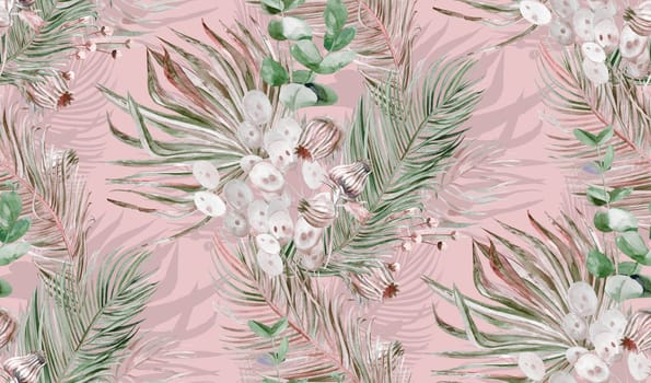 Botanical watercolor seamless pattern with bouquets of palm leaves and dry herbs for textile