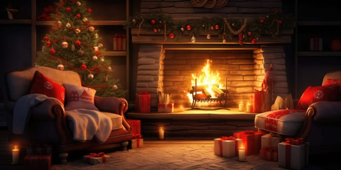 Interior of decorated living room with Christmas tree and comfortable sofa for family comeliness