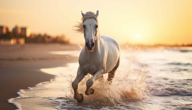 Beautiful white horse galloping on the water at soft sunset light, white horse running by the ocean with sunset light beauty