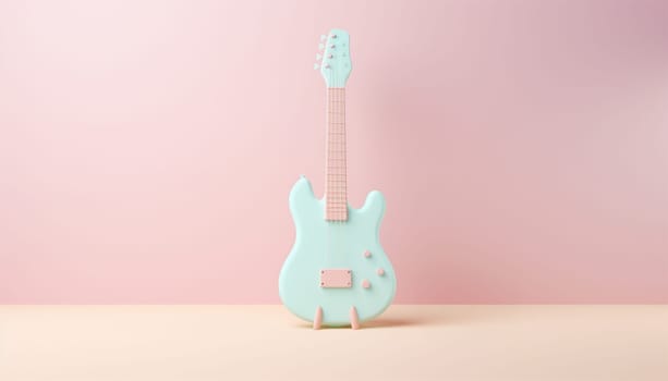 Acoustic classic guitar on pink background. 3D cartoon guitar with copy space. 3D rendering image. Pastel neon background Electric guitar design Space for text