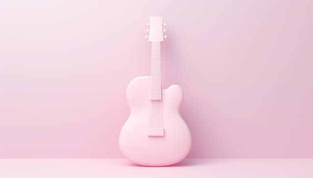 Acoustic classic guitar on pink background. 3D cartoon guitar with copy space. 3D rendering image. Pastel neon background Electric guitar design Space for text