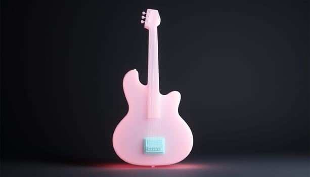 Acoustic classic guitar on pink background. 3D cartoon guitar with copy space. 3D rendering image. Pastel neon background Electric guitar design Space for text