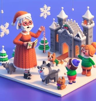 granny wear santa claus costume telling christmas fairy tales to children near a castle illustration 3d render ai art generated