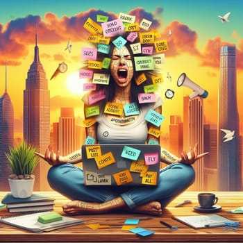 a stressed woman covered of post it notes in lotus yoga position relaxing at the office ai generated