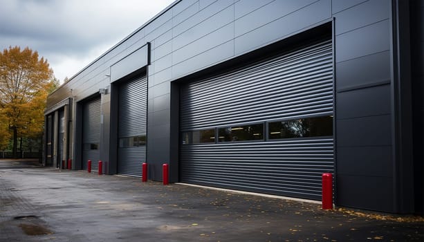 Modern sliding gates warehouse. A closeup shot of automatic metal roller door used in factory, storage, garage, and industrial warehouse. The corrugated and foldable metal sheet offer space saving and provide logistic