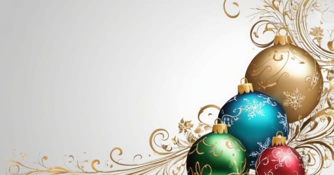 A collection of Christmas ornaments, intricately designed in gold, blue, green, and red, set against a white backdrop with golden flourishes