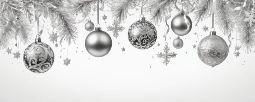 Monochromatic image showcasing silver Christmas ornaments with intricate patterns, hanging from frosty pine branches adorned with stars and snowflakes
