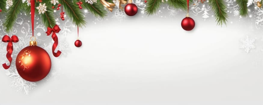 A holiday-themed banner featuring red ornaments and pine branches with bows and snowflakes on a white background