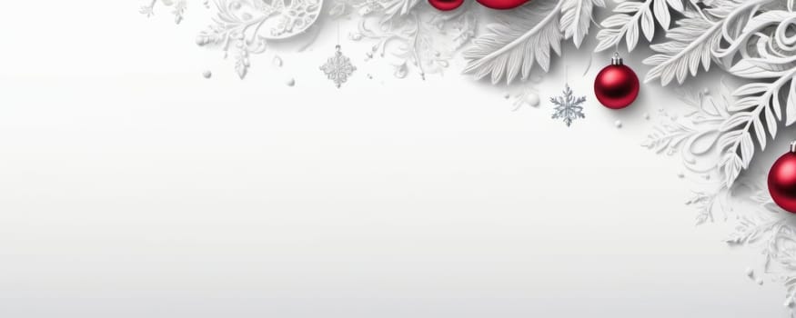A holiday banner displaying intricate snowflakes and leaves against a gradient backdrop, highlighted by shiny red Christmas ornaments