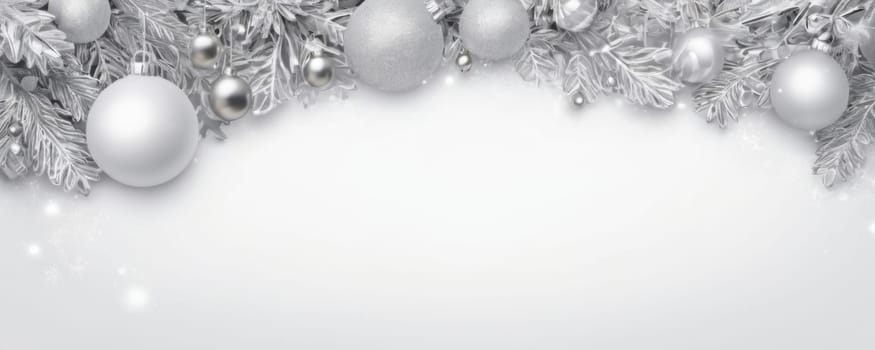 A top border of frosted silver pine branches adorned with white and silver baubles, creating a magical Christmas atmosphere