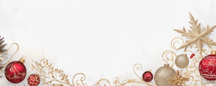 Golden swirls and Christmas ornaments create a festive elegance on a white background, perfect for holiday designs