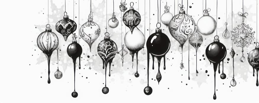 Artistic Ornaments in Monochrome Description: A black and white illustration of unique hanging ornaments with intricate designs, accentuated by artistic ink drips