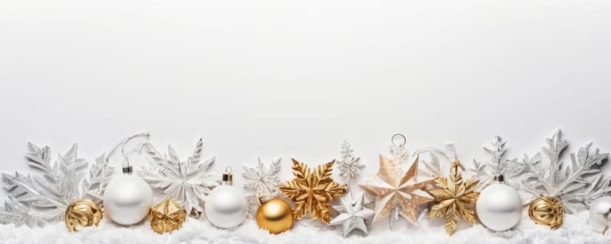 A collection of Christmas ornaments on a snowy surface, featuring a white, gold, and silver color scheme for a festive look