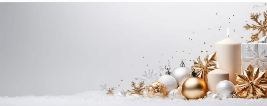 A holiday scene with Christmas baubles, glowing candles, and golden stars on a snowy surface against a white backdrop