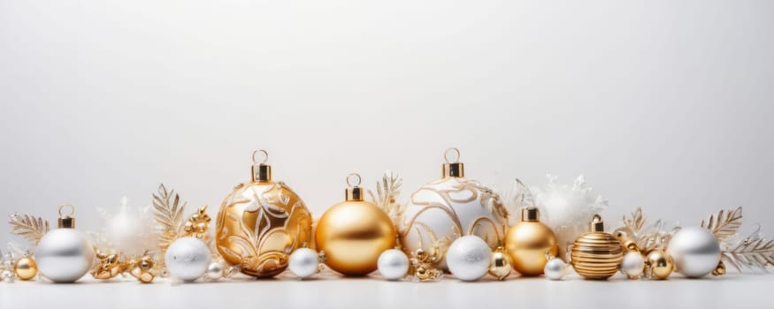 A line of elegant Christmas ornaments in gold and white hues, featuring baubles with various textures and snowflake accents, set against a pure white backdrop for a warm, festive look