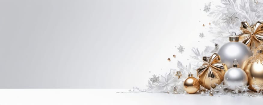 A festive display of Christmas baubles in gold and silver, adorned with intricate details and surrounded by delicate snowflakes, set against a gradient white background