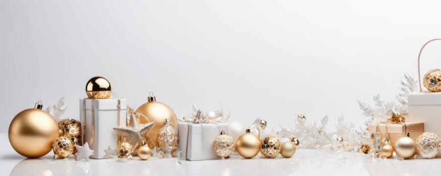 An elegant line-up of Christmas baubles in gold and white, interspersed with golden leaves and white snowflakes, against a plain backdrop, exuding luxury and festive cheer