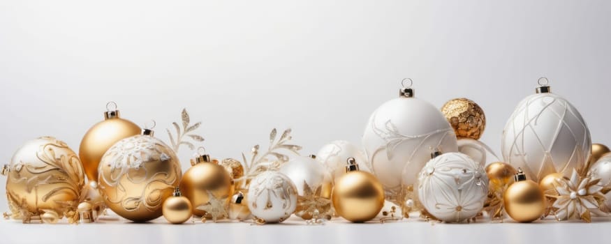 A stunning display of Christmas ornaments in gold and white, showcasing a variety of baubles with intricate designs, complemented by golden foliage against a stark white backdrop