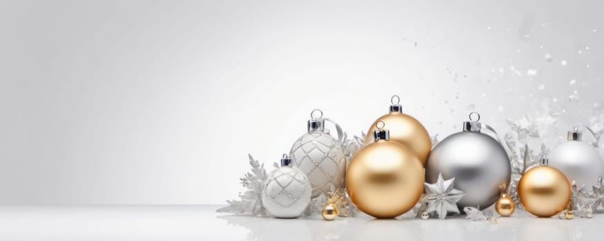 A captivating display of Christmas ornaments, featuring gold and silver baubles with a standout silver star, all set against a pure white backdrop that enhances their festive sparkle
