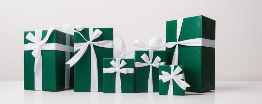 Five green gift boxes with white ribbons present a harmonious display, their purpose a delightful enigma against the stark white backdrop