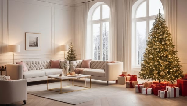 A cozy living room adorned with a festive Christmas tree and gifts, exuding holiday warmth and elegance