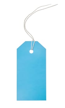 Blue cardboard price tag with white rope, template for coupon, discounts