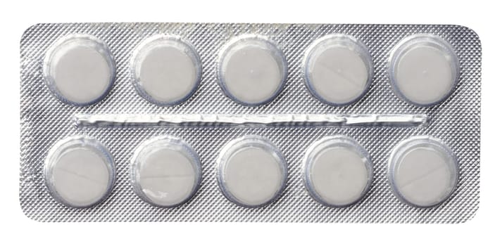 Blister pack with round pills on a white isolated background, top view