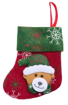 Red felt Christmas sock with applique on white isolated background