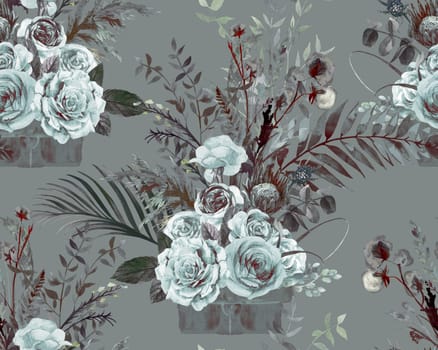 Seamless botanical pattern with watercolor flowers of roses and palm leaves