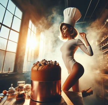 glamourous chef in steampunk kitchen with windiwn natural light cooking posing dancing singing illustration generative ai art