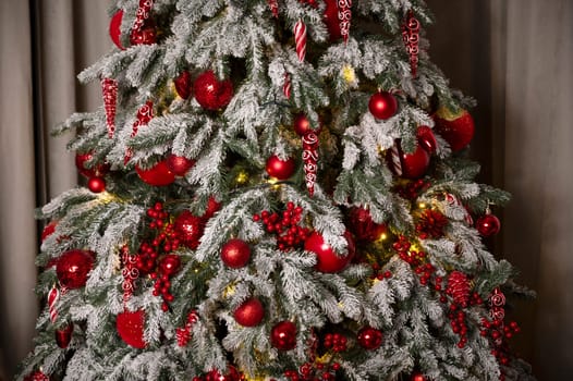 Christmas tree decorated in red colors, year of the dragon, 2024