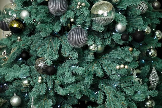 decorated Christmas tree in gray tones, year of the dragon, 2024