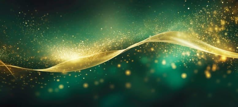 Waves of golden sparkles, shiny glitter bokeh lights on green background. Abstract festive background for card, flyer, invitation, placard, voucher, banner