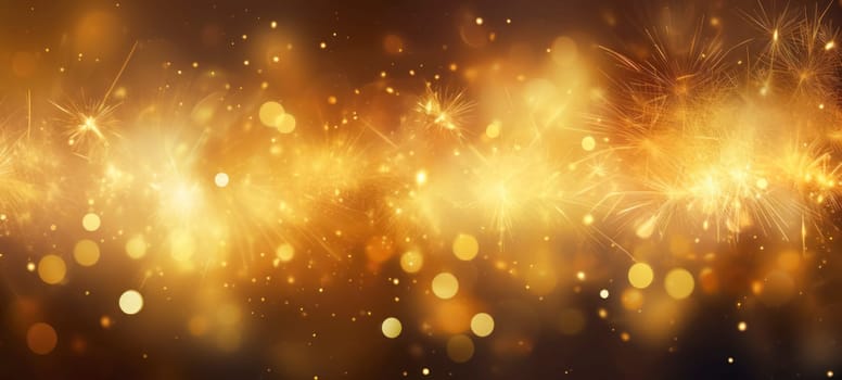 Abstract background with golden fireworks, sparkles, shiny bokeh glitter lights. Festive gold background for card, flyer, invitation, placard, voucher, banner